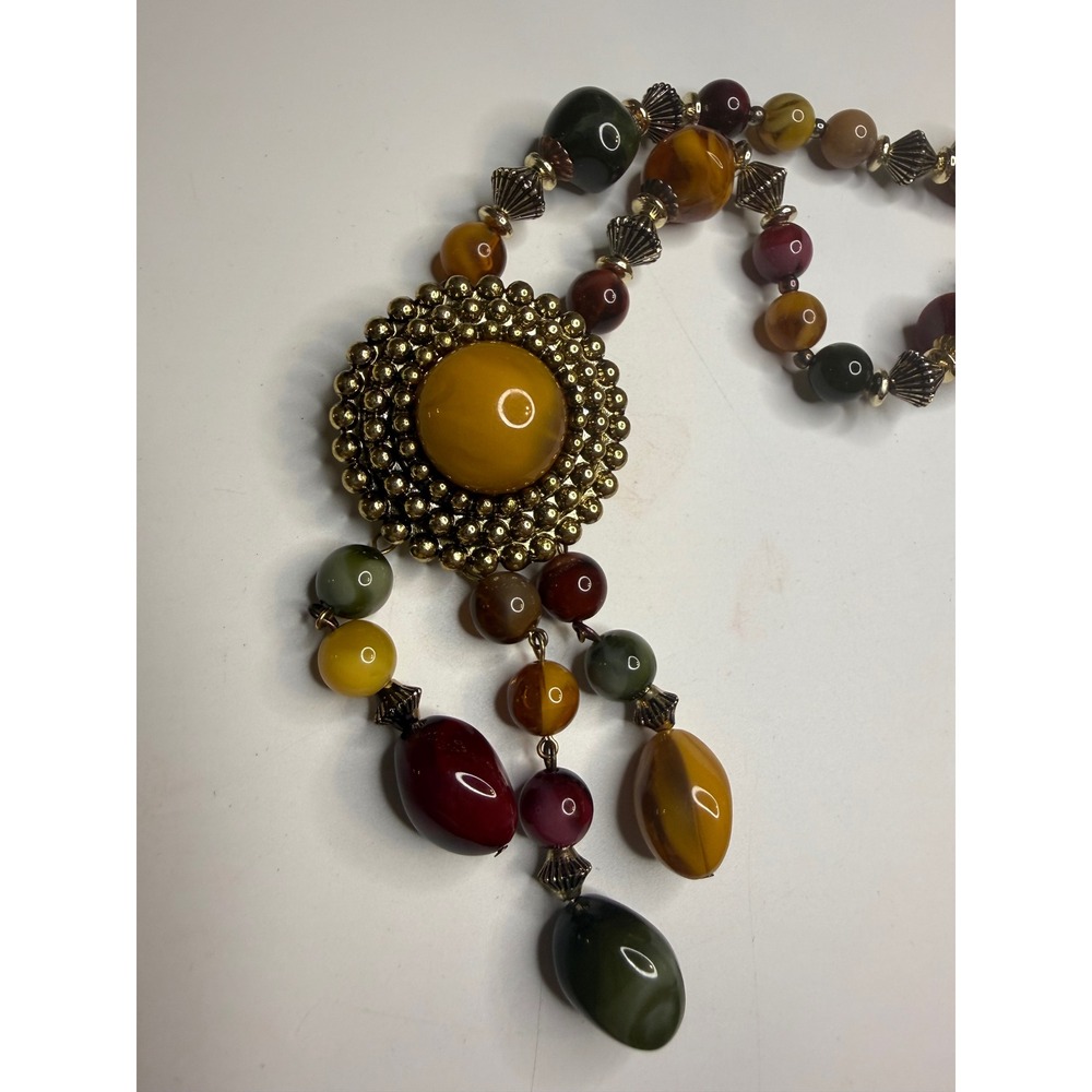 Earth Tone Beaded Statement Necklace Gold Tone Amber Cabochon Tassel Pendant